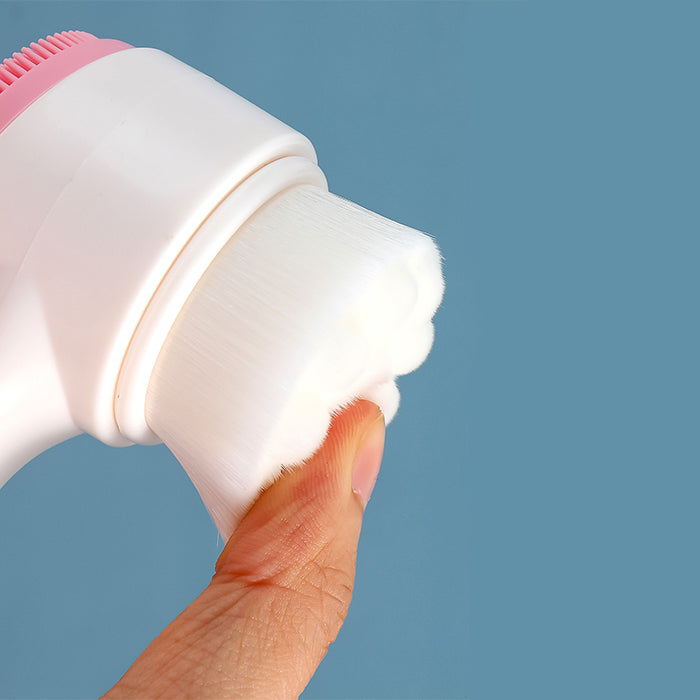 Dual-ended facial cleansing brush with soft, fine silicone bristles