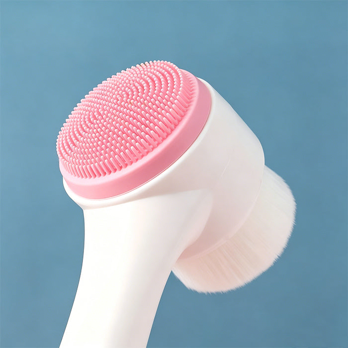 Dual-ended facial cleansing brush with soft, fine silicone bristles